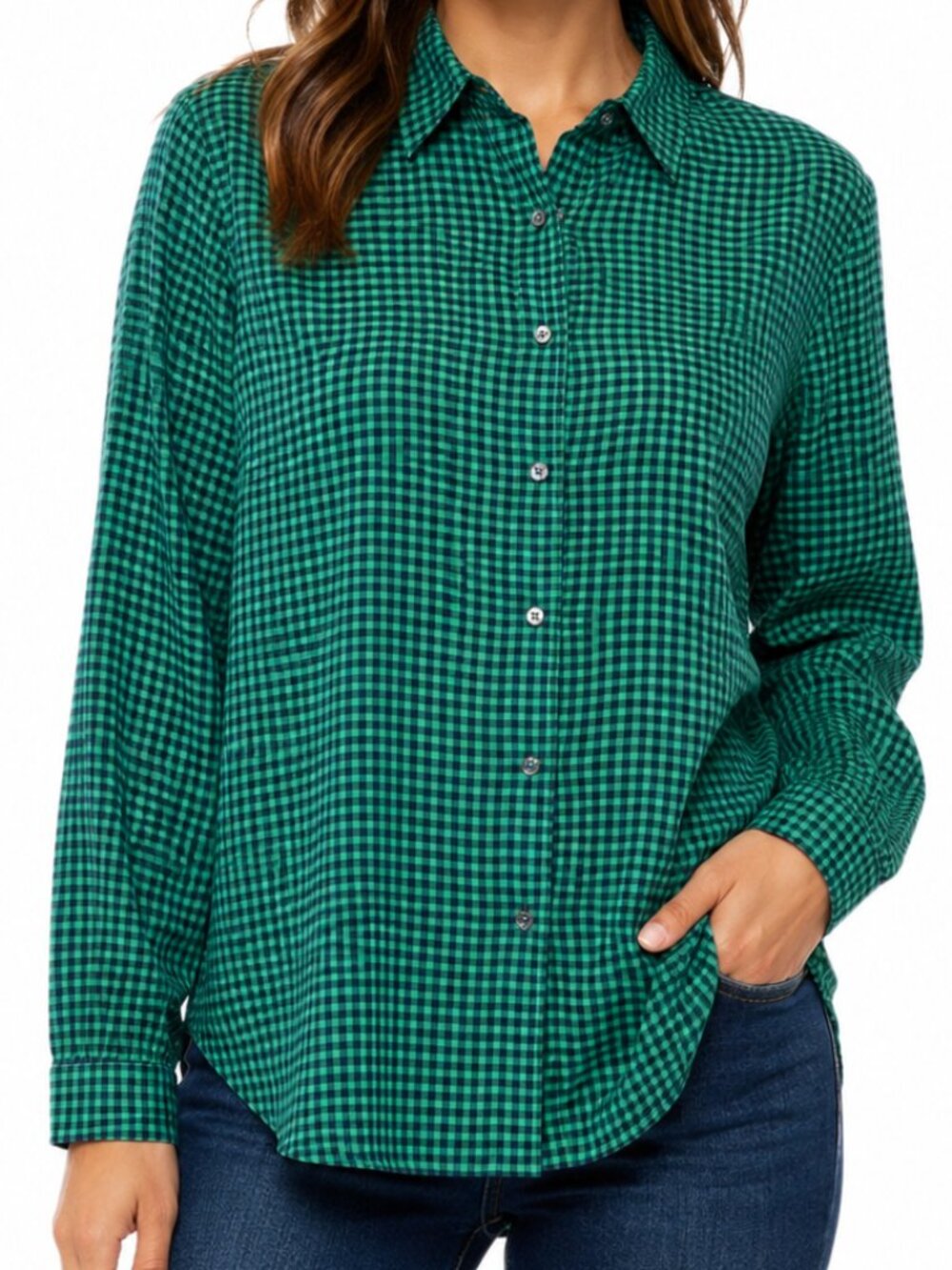 J. Crew Green Navy Blue Check Button-Down Long Sleeve Shirt Blouse